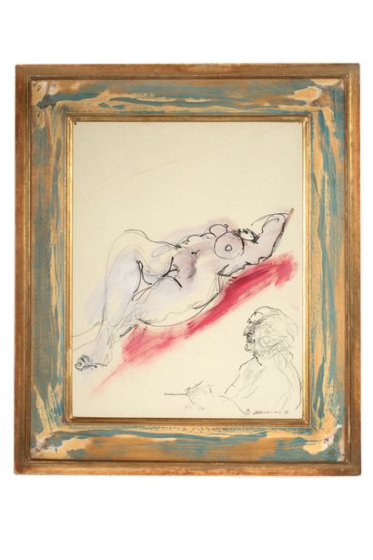 DAMIANO Bernard (1926 - 2000) Le peintre et son modèle 纸上混合媒体
右下角有签名（左右角有一个穿孔）
纸上混合媒体，右下角有签名
62...