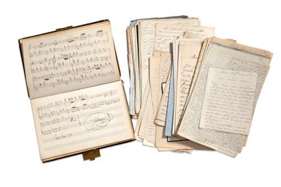 ALBUM AMICORUM
相册，约1850-1860年；一卷19页，8开本（其余为空白），破旧的棕色皮革装订，带搭扣，边缘鎏金。
诗歌：阿尔林库尔子爵（《神秘》）、贝尔蒙特（《笔录》）、布洛克维尔伯爵、布歇-德-克吕尼（《视野》）、大仲马（《一天之计在于晨》）、德尔芬-德-吉拉尔丁、克里斯蒂安-奥斯特罗夫斯基（《里吉》）、《笔录》：E-德-巴泰勒米、保罗-德-穆塞、斯克里伯、维纳特音乐：克拉拉-科利内特和盖德阿尼，加斯顿-奥尔良和伊莎贝尔-德乌伯爵夫人的签名（1903）。
一本用数字A.G.L装订的签名簿（棕色懊恼，装订破损），里面有大约90封信和许多访问卡，部分是写给路易港的拉乌尔-奥利弗里的：F....
