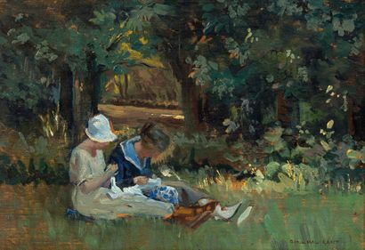 BALIGANT Raoul-Marie (1861 - 1924) La couture au jardin
Oil on panel
Signed lower...