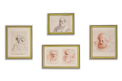 null SET OF 5 SMALL DRAWINGS in wash or red chalk representing portraits of men pasted...