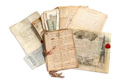 DIVERS 大约36封信件和文件。
婚约(Bourges 1786)。
国民卫队勋章，由桑特雷签署（1793年3月6日，巴黎）。
P.S. by PIE IX,...
