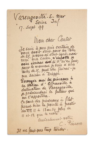 PISSARRO Camille (1830-1903) L.A.S. "C. Pissarro", Varengeville-s-mer September 17,...