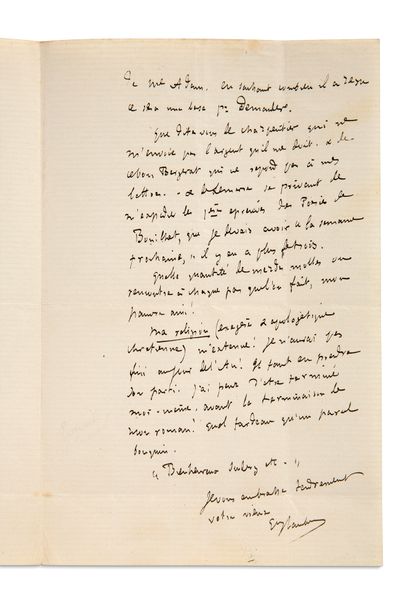 FLAUBERT Gustave (1821 - 1880) L.A.S. "Gve Flaubert"，[1879]年11月25日，致Guy de MAUPASSANT；2页in-8。
关于他支持莫泊桑的文学处女作的极好信件。[福楼拜将莫泊桑的诗作《Vénus...