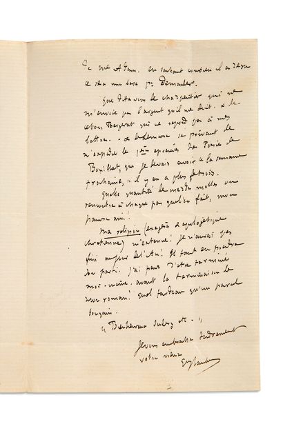 FLAUBERT Gustave (1821 - 1880) L.A.S. "Gve Flaubert"，[1879]年11月25日，致Guy de MAUPASSANT；2页in-8。
关于他支持莫泊桑的文学处女作的极好信件。[福楼拜将莫泊桑的诗作《Vénus...