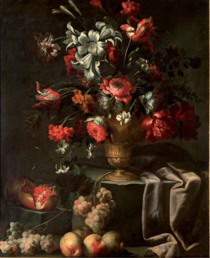 Attribué à Abraham BRUEGHEL (1631 - vers 1690) Fleurs dans un vase de bronze, grenades,...