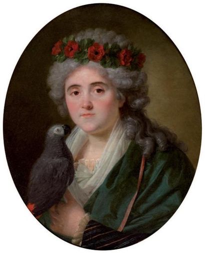 Attribué à Antoine VESTIER (1740-1824) Portrait de femme au perroquet et à la couronne...