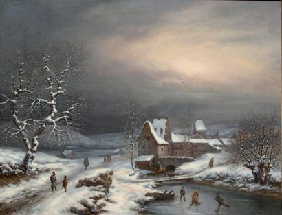 Claude Louis MALBRANCHE (1790-1838) Jeux d'enfants sur une rivière gelée Toile d'origine...