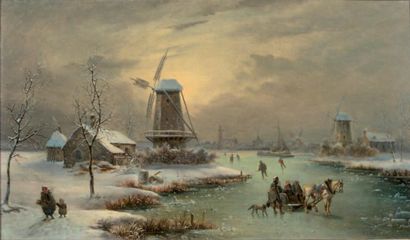 Claude Louis MALBRANCHE (1790-1838) Chariot et patineurs sur une rivière gelée Toile...
