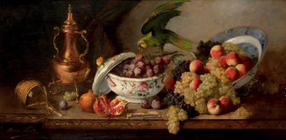 Arthur Alfred BRUNEL DE NEUVILLE (vers 1879-1907) Nature Morte aux fruits et au perroquet...