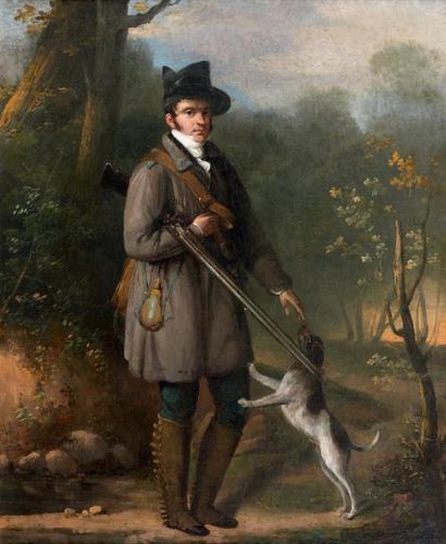 Jules VERNET (1792 - Paris 1843) Portrait de chasseur avec son chien dans un paysage...