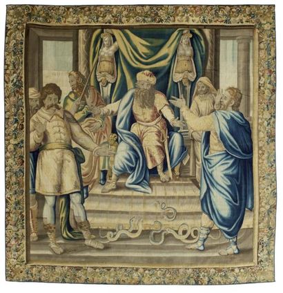 BRUXELLES Superbe tapisserie fine, figurant Moïse et Aaron devant Pharaon. Bordure...