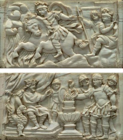 null Paire de plaques en ivoire sculpté, en bas relief, figurant un Empereur romain...