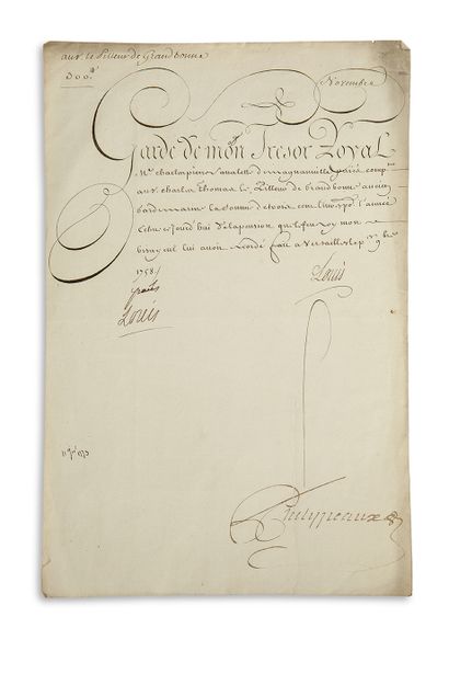LOUIS XV (1710-1774) P.S. with an autograph note "paid Louis", also signed by the...
