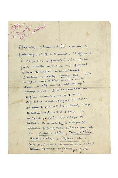 COCTEAU Jean (1889 - 1963) MANUSCRIT autograph signed "Jean Cocteau", [1952]; 1 page...