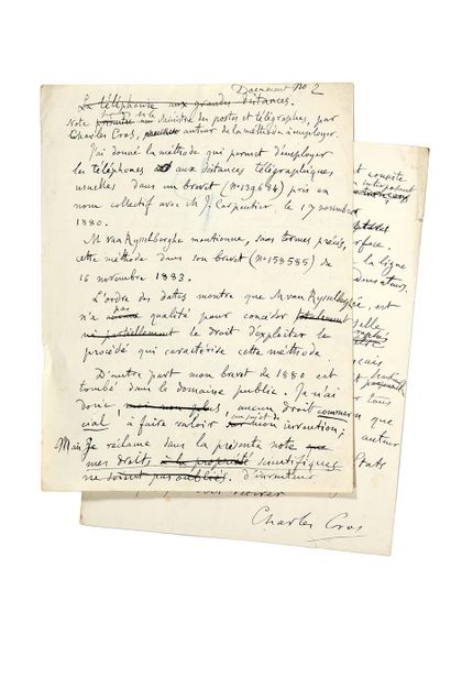 CROS Charles (1842 - 1888) MANUSCRIT autographe signé «Charles Cros», La téléphonie...
