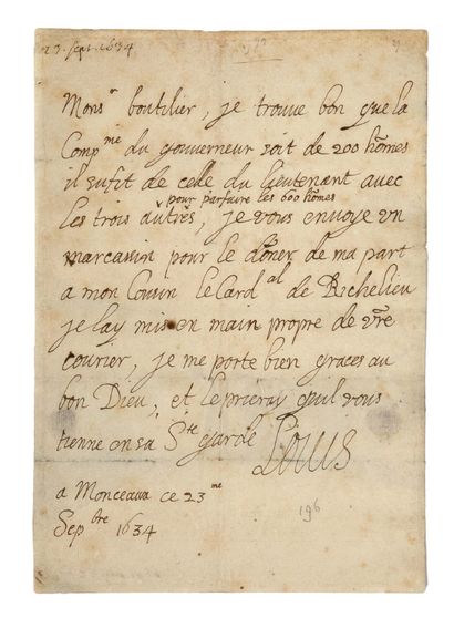LOUIS XIII (1601 - 1643) L.A.S. «Louis», Monceaux 23 septembre 1634, à Claude BOUTHILLIER...