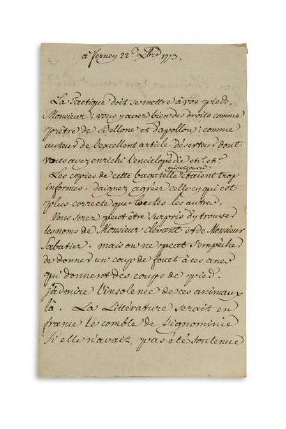 VOLTAIRE (1694 - 1778) L.S. "V", Ferney 22 December 1773, to Jean-François de SAINT-LAMBERT;...