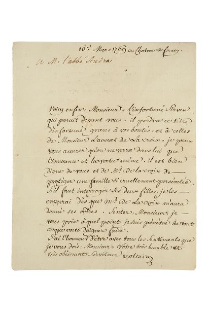 VOLTAIRE (1694 - 1778) L.S. "Voltaire", château de Ferney March 10, 1769, to the...