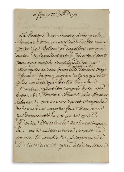 VOLTAIRE (1694 - 1778) L.S. "V", Ferney 22 December 1773, to Jean-François de SAINT-LAMBERT;...