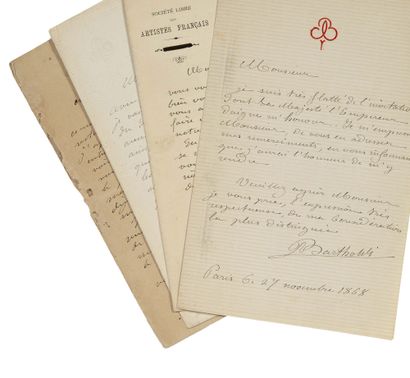 BARTHOLDI Auguste (1834 - 1904) 5 L.A.S. "Bartholdi", 巴黎 1868 - 1903, 致乔治-拉芬斯特；7页8开（3页有他的签名）。
给艺术评论家Georges...