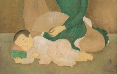 MAI TRUNG THỨ (1906-1980) 母亲和熟睡的孩子，1944 年
丝绸上的水墨和色彩，右下方有签名和年代，背面有标题 
54,6 x 45,2...