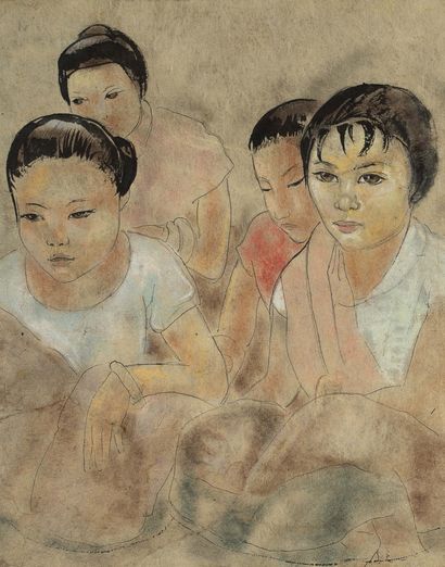 ALIX AYMÉ (1894-1950) 老挝年轻女性研究，约 1930 年
宣纸上的水粉、墨水和铅笔，粘贴在纸板上，右下方有签名 
26.4 x 37.4 厘米--10.3/8...