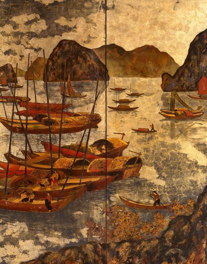 ÉCOLE DES BEAUX-ARTS DE L'INDOCHINE, CIRCA 1940-50 海湾中的琼克
漆面，金色、银色和珍珠母装饰，背面有 "XN...