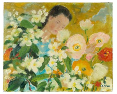 LÊ PHỔ (1907-2001) 少女和雪莲花》，约创作于 1977 年
布面油画，右下方有签名，背面有标题 
33.5 x 41.5 厘米 - 13 1/8...