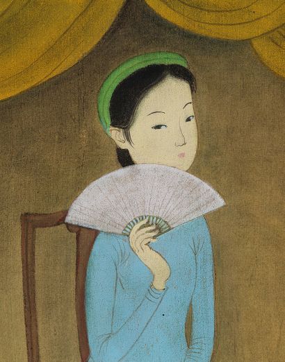 MAI TRUNG THỨ (1906-1980) 持扇女子，1957 年
丝绸上的水墨和色彩，右上方有签名和年代，背面有标题。装在艺术家自制的原画框中 
23.7...
