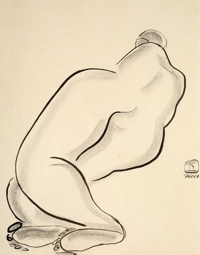 SANYU (1895-1966) Nu de dos
Encre sur papier, signée au milieu à droite 
43,8 x 27...