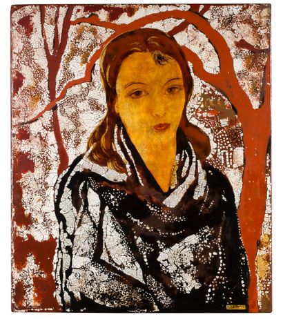 ALIX AYMÉ (1894 -1989) 年轻女性半身肖像，约 1960 年
漆面、蛋壳和金色高光，右下方有签名
46 x 39.2 厘米 - 18 1/8...