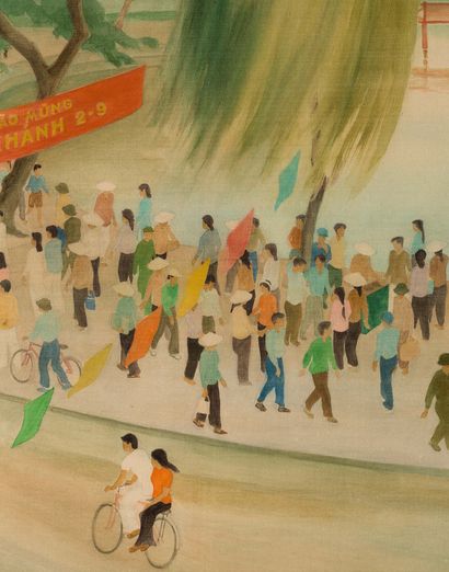 LƯƠNG XUÂN NHỊ (1914-2006) 黄剑湖畔的国庆庆祝活动，约 1970 年
绢本水墨和彩色，左下方有签名
38 x 52.2 cm à vue...