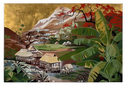 LÊ THY (1919-1961) Village aux pieds des montagnes
Lacquer with gold highlights,...
