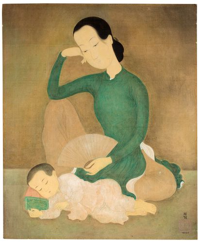 MAI TRUNG THỨ (1906-1980) 母亲和熟睡的孩子，1944 年
丝绸上的水墨和色彩，右下方有签名和年代，背面有标题 
54,6 x 45,2...