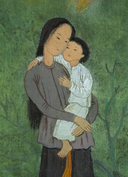 MAI TRUNG THỨ (1906-1980) 背着包的年轻妇女和儿童，1952 年
丝绸上的水墨和色彩，右下方有签名和年代。装在艺术家制作的原画框中 
20.2...