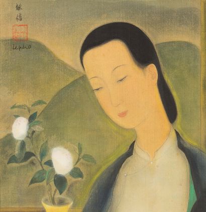 LÊ PHỔ (1907-2001) 冥想，约 1940 年
丝绸上的水墨和色彩，左上方有签名，背面有标题和编号，原装画框 
27.7 x 24.2 cm - 10...