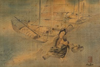 TRẦN VĂN THỌ (1917-2004) Maternité sur le port
Ink and color on silk, signed lower...