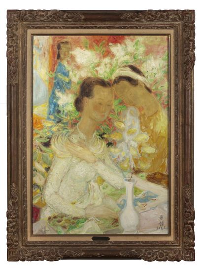 LÊ PHỔ (1907-2001) 两姐妹
绢上油画，裱在异种木板上，右下方有签名 
73.5 x 50.1 厘米 - 29 x 19 3/4 英寸。
夏洛特-阿古特斯-雷尼耶（Charlotte...