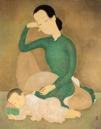 MAI TRUNG THỨ (1906-1980) Mère et enfant dormant, 1944
54,6 x 45,2 cm - 21 1/4 x...