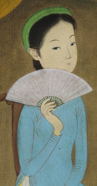 MAI TRUNG THỨ (1906-1980) 持扇女子，1957 年
丝绸上的水墨和色彩，右上方有签名和年代，背面有标题。装在艺术家自制的原画框中 
23.7...