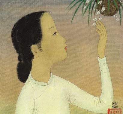 MAI TRUNG THỨ (1906-1980) 茉莉花下的年轻女子，1954 年
丝绸上的水墨和色彩，右下方有签名和年代。装在艺术家制作的原画框中 
17.8...