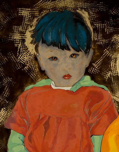 ALIX AYMÉ (1894-1989) 两个安纳米特儿童，约 1970 年
漆面，金银装饰，左下方有签名
48 x 60 cm - 18 7/8 x 23 5/8...
