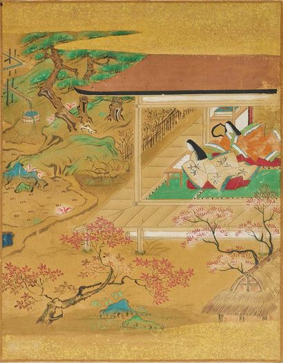 JAPON — XIXe SIÈCLE 日本
十九世纪
一套两幅带框小幅水墨纸画，土佐派风格（Tosa），呈现《源氏物语》中的场景。

尺寸：27.5 x 21...