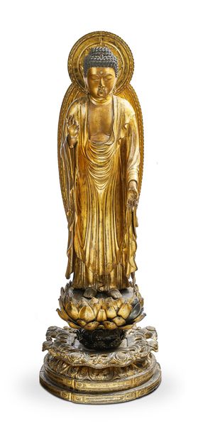 JAPON — PÉRIODE MEIJI (1868 - 1912) Importante sculpture en bois laqué doré du bouddha...