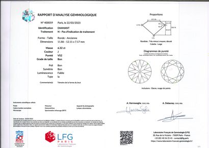 null 钻石 圆形钻石，旧式切割
附有LFG证书，证明：
重量：6.32克拉
颜色：J 纯度：VS2
荧光 : 低
一颗6.32克拉的钻石，报告