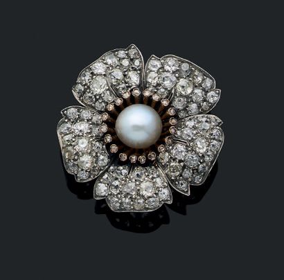 null CLIP "FLOWER
Antique cut diamonds, supposedly fine pearl - not tested
18k gold...