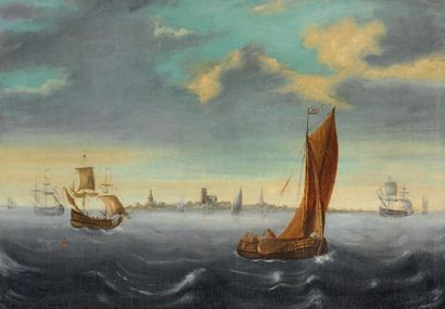 Ecole HOLLANDAISE de la fin du XVIIème siècle Navires en pleine tempête Huile sur...