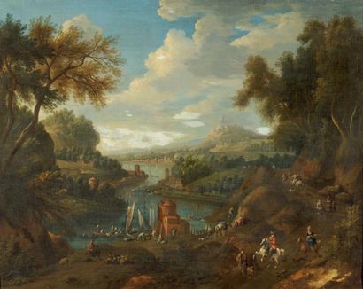 Attribué à Pieter BOUT (1658-1719) Cavaliers sur un chemin montant surplombant une...