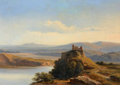 Attribué à Claude Antoine PONTHUS-CINIER (1812-1885) Un château en ruines surplombant...
