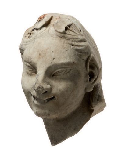 null HEAD OF A FALSE in sculpted white marble, pointed ears, almond-shaped eyes very...